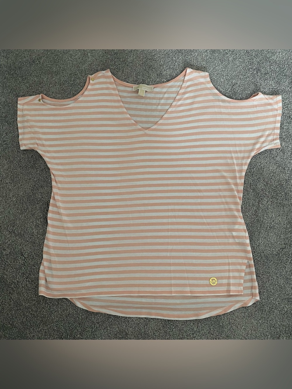 Michael Kors Striped Cold-Shoulder V-Neck Top in Peach and White